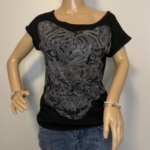 Charlotte Russe Black Short Sleeve off the shoulder Rhinestone Tiger Tee
